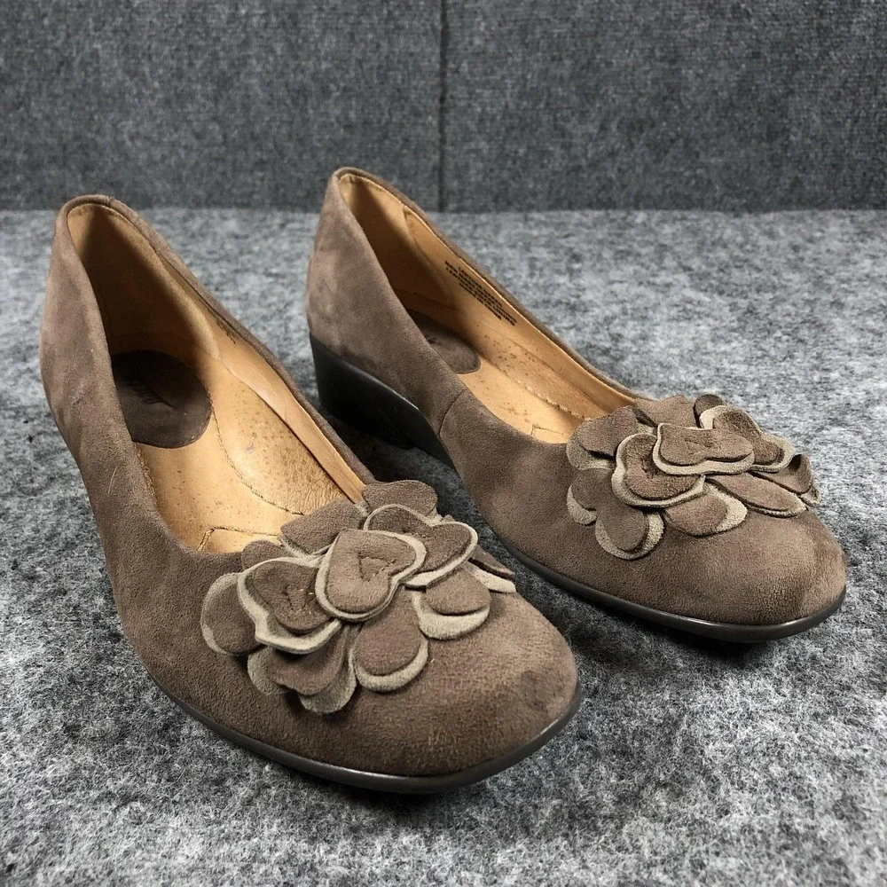 Earth Brushcherry Shoes Womens Size 9.5B Dark Taupe Leather Flower Wedge Comfort